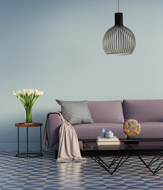 Rendering of a Blue elegant interior with purple sofa and flowers
