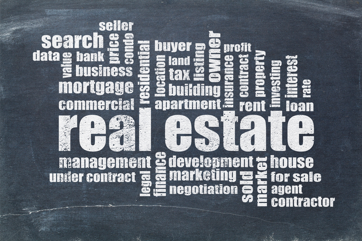 real estate word cloud - white chalk text on a vintage blackboard